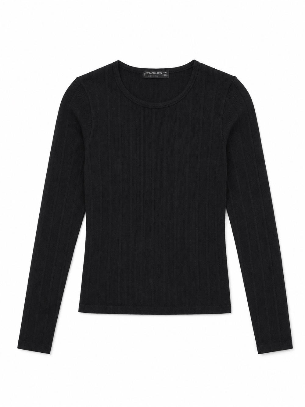 Stradivarius Black Ribbed Long Sleeve Top | Size Large | Minimalist Basic